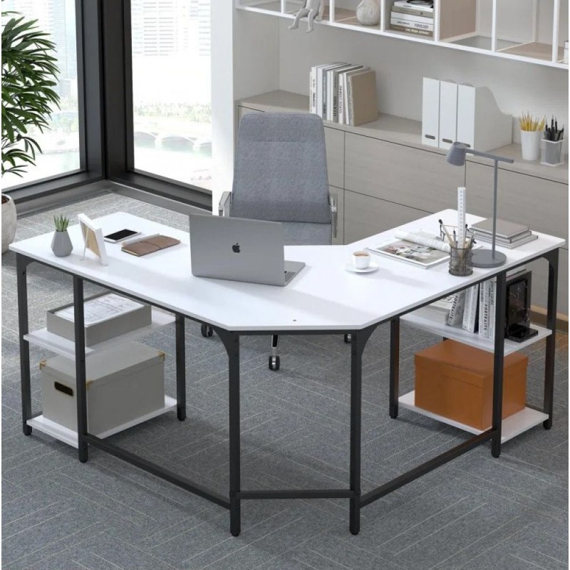 Haillee L-shaped computer desk with a metal base