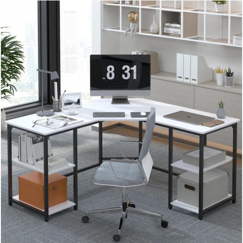 Haillee L-shaped computer desk with a metal base
