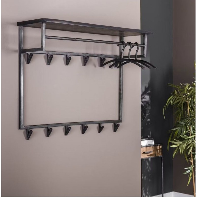 Чорна настінна вішалка для одягу з 12 гачками та 1 полицею