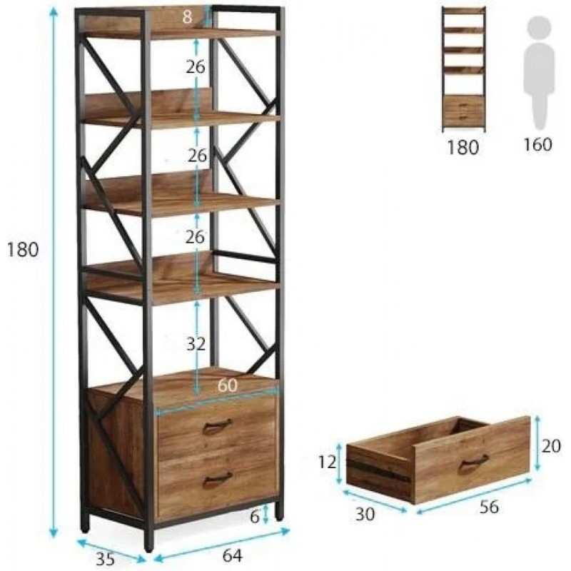 Стелаж 5-ярусний SKIFF 4 з 2 шухлядами, чорний