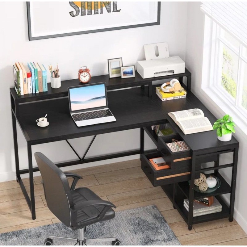 L-shaped computer desk with monitor stand