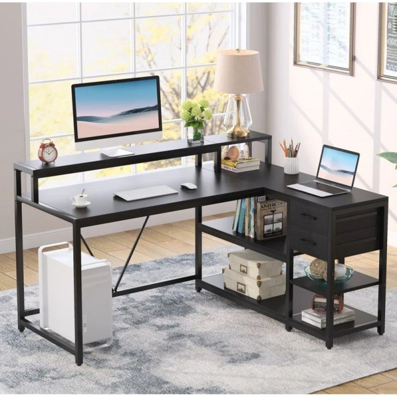 L-shaped computer desk with monitor stand