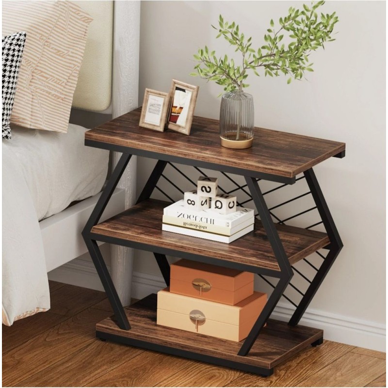 Tribesigns side table — 3 shelves, metal frame 65×65×30 cm