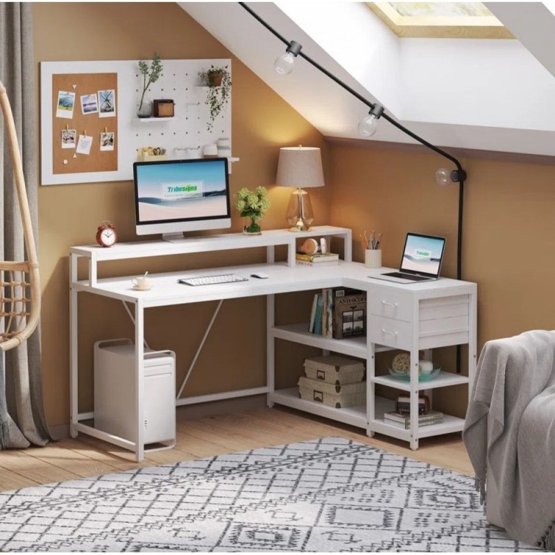 L-shaped computer desk with monitor stand