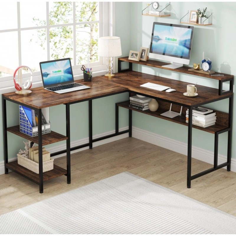 Two-sided L‑shaped table MSM JW0674 with shelves and monitor stand