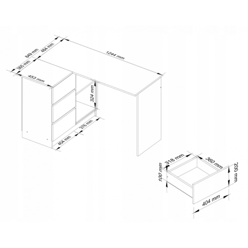 Кутовий стіл B16 — 3 шухляди, 2 полиці, дуб сонома