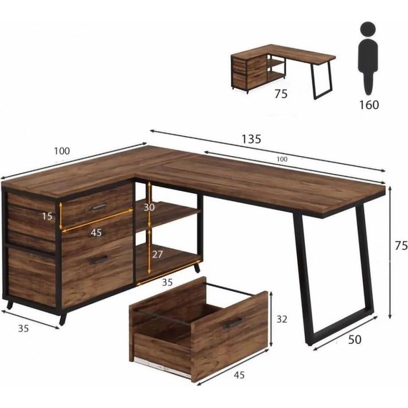 Стіл L-подібний із 3 шухлядами та полицями — 135×50×75 см