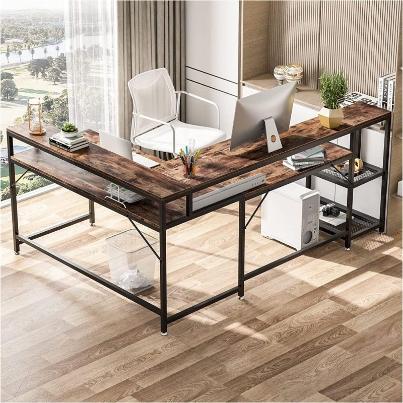 Письмовий стіл L‑форми з підставкою для монітора та полицями