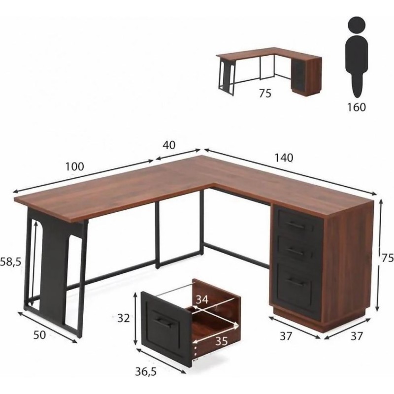 Письмовий L-подібний стіл з шухлядами — MSMLOFT (140×50×75 см)