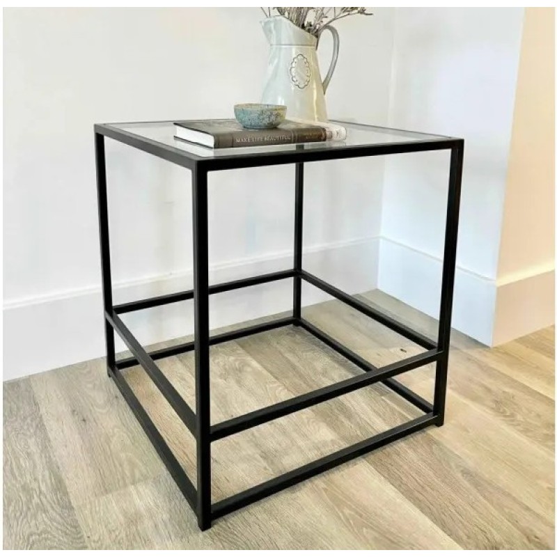 Журнальний столик Aria Glass Metal — скляний чорний, 50×50×55 см