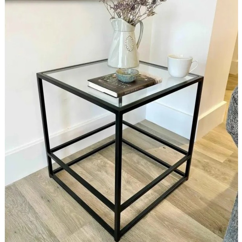 Журнальний столик Aria Glass Metal — скляний чорний, 50×50×55 см