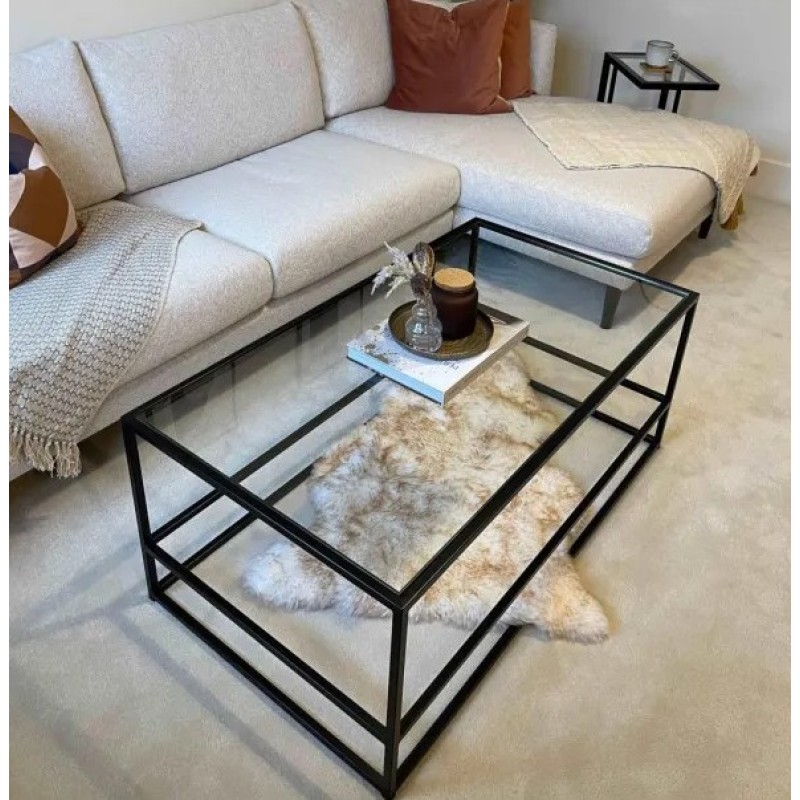 Журнальний столик Aria Glass Metal – чорний, скло + метал, 110×60×45 см