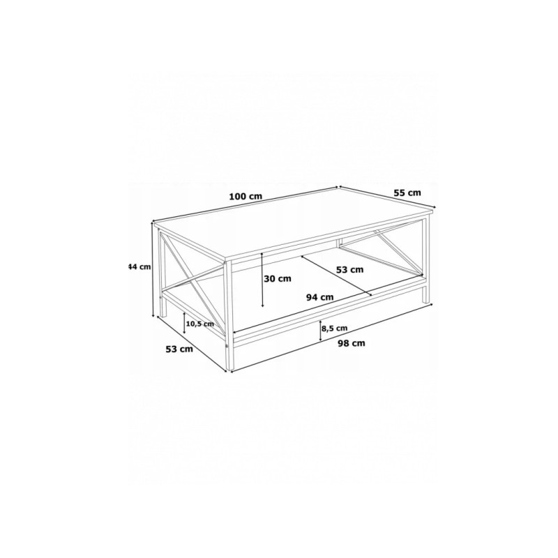 The coffee table is two-level black with a metal frame