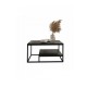 The coffee table is two-level black with a metal frame